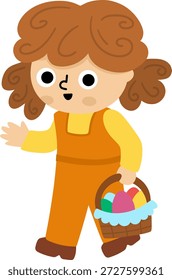 Chica con cesta con huevos de colores. Concepto de caza de huevos de Pascua de Vector. Lindo icono de niño. Ilustración de vacaciones de primavera. Clipart feliz de los niños aislado en el fondo blanco

