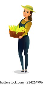 Girl with basket of corn cobs. Farmer woman standing. Harvest agricultural plant. Food product. Farmer farm illustration. Object isolated on white background. Vegetable garden cultivation. Vector.