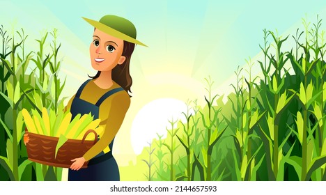 girl, basket, corn, cobs, farmer, woman, standing, harvest, agricultural, plant, food, product, farmer, farm, illustration, vegetable, garden, cultivation, rural, summer, field, landscape, vector.