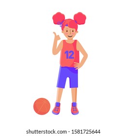 Girl basketball player with the ball. Child plays basketball. Colorful cartoon illustration in flat vector. Children's sport. Sports team games. Healthy Lifestyle. Games with the ball. Girl athlete.