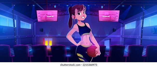 Girl Basketball Player Posing With Ball In Hand And Arm Akimbo In Indoor Court At Night. Cartoon Sportswoman Character In Dark High School Or College Gymnasium Sports Arena, Vector Illustration