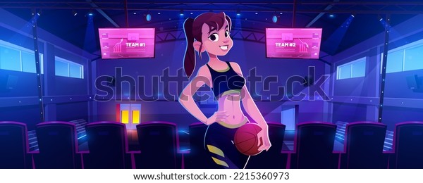 Girl basketball player posing with ball in\
hand and arm akimbo in indoor court at night. Cartoon sportswoman\
character in dark high school or college gymnasium sports arena,\
Vector illustration