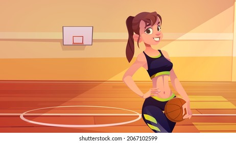 Girl basketball player posing on indoor court with ball in hand and arm akimbo. Fit sportswoman in high school or college gymnasium sports arena for team game with hoop, Cartoon vector illustration