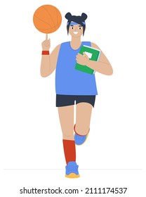 Girl basketball player runs with a ball and textbooks. From sports training to school lessons. School days. Flat vector illustration