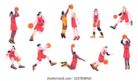 Girl basketball players. Cartoon woman characters playing sport game, female athletes in uniform training throwing ball in basket. Vector colorful set. Athletes participating in championship