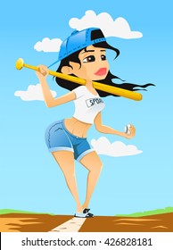 Girl with the bat playing a sports game baseball. Vector illustration