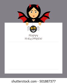 The girl bat vampire is holding a notepad sheet for the entries. Spider, inscription happy Halloween.Modern flat design.