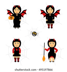 Girl bat. Vector set for Halloween in cartoon style.Girl in costumes.