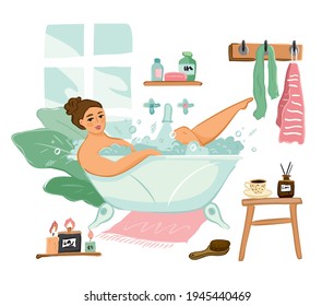 Girl in a bath with foam, candles, plant, diffuser, tea in the bathroom interior. Banner concept of morning rituals, procedures with elements of beauty and body care. Home spa. Vector illustration.