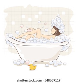 Girl in the bath / Funny vector illustration, girl in the foam