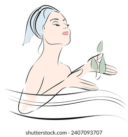 Girl in bath, spa treatments, sketch.