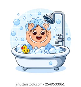 A girl is bathing in a bubble bath, a duck is swimming nearby. She is washing her hair with shampoo under the shower. Cartoon style illustration, isolated.