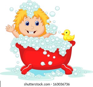 Girl bathing in the red bath tub