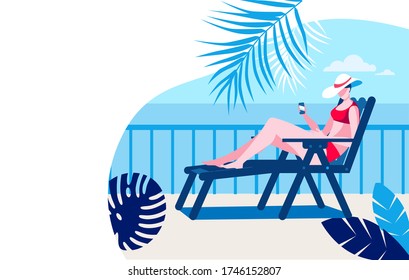 A girl in a bathing suit and hat with a phone in her hand is sunbathing on a terrace by the sea. Vector illustration in flat style. Template for a horizontal banner.