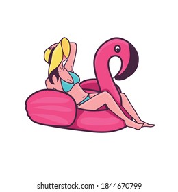 A girl in a bathing suit and hat sits on a pink Flamingo, an inflatable circle. Isolated stock illustration on a white background. Vector icon representing summer, vacation, vacation, or heat