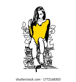 Girl in a bathing suit in high heels. Vector drawing of hands for use for T-shirts, backpacks, flags, posters, etc.
