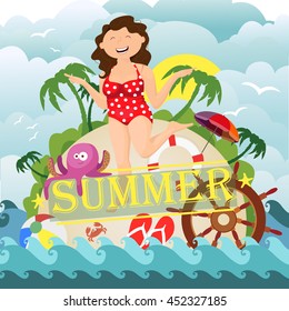 girl in a bathing suit on the beach , Hawaii , octopus , vector