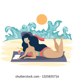 A girl in a bathing suit runs on the beach in a bright sun. Illustration in flat style