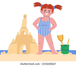 A girl in a bathing suit stands on the beach next to a sand castle. Children's games on the beach in summer. Set of flat vector illustration. Eps10