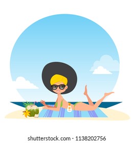 A girl in a bathing suit sunbathing on the beach. Illustration on a theme of summer holidays and vacations.