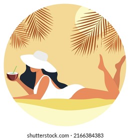 A Girl In A Bathing Suit Is Sunbathing Under Palm Trees. Vector Illustration.