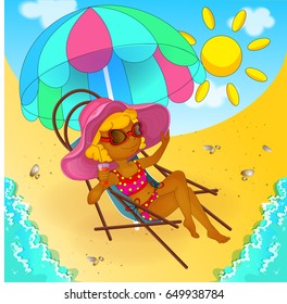 A girl in a bathing suit and sunglasses is sitting in a beach chair under a striped umbrella. The girl is sunbathing and drinking juice. Sea, beach, summer. Cartoon. Vector illustration.