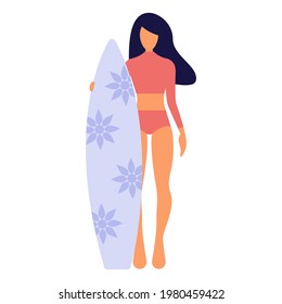 Girl in a bathing suit with a surfboard.