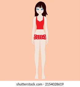 Girl in bathing suit vector, Asian woman, paper doll for changing clothes, red clothes illustration, blue eyes, black hair