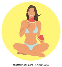 A girl in a bathing suit with a watermelon in her hands. Vector graphics. Summer. She's tanned and happy. Legs in the Lotus position. Dark hair. The composition is inscribed in a circle.