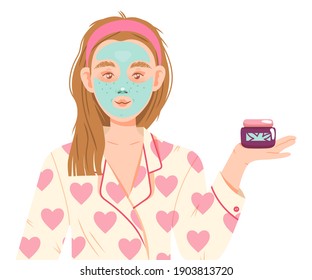 Girl in Bathrobe with Applied Cosmetic Facial Mask Vector Illustration