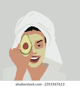 Girl in Bathrobe with Applied Cosmetic Facial Mask Vector Illustration. Woman wearing a towel applies a brush mask to her face. Self-care concept.