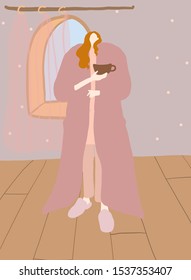 girl in a bathrobe, with a coffee in the morning. woman with orange hair style. flat female cartoon figures