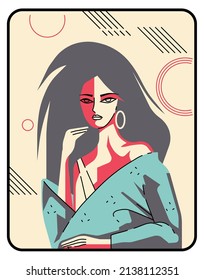 Girl in bathrobe in front of the mirror, minimalist flat illustration
