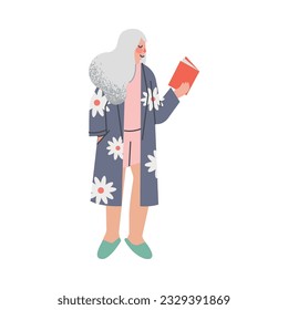 Girl in bathrobe and pajamas reading book. Young woman in comfy home clothes cartoon vector illustration