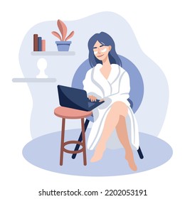 Girl In A Bathrobe And With Patches Works Rests And Shopping At The Computer. Flat Illustration