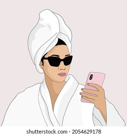 Girl in a bathrobe with a towel on hair and sunglasses holding phone vector illustration
