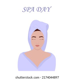 A girl in a bathrobe and a towel on her hair. A day of self-care, self-love. Spa day.skin care vector illustration