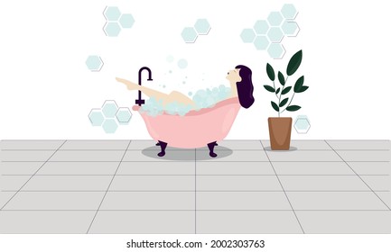A girl in the bathroom. Bathing. Soap bubbles. 