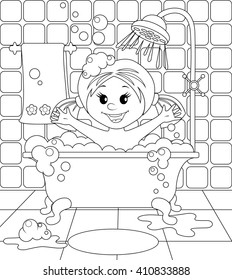 Girl in the bathroom. Black and white vector illustration for coloring book