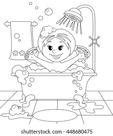 Girl in the bathroom. Black and white vector illustration for coloring book