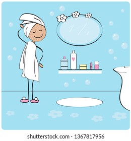 The girl in the bathroom. Body care. Vector illustration. 