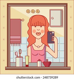 Girl In Bathroom Photographed Herself In Mirror. Selfie. Vector Flat Illustration