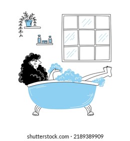 Girl in the bathroom. Self care. Take a bubble bath. Comfort and relaxation. Hand drawn doodle.