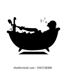 Girl in the bathroom, silhouette. Girl in a foamy bathroom, black silhouette. Design element, print.