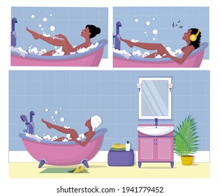 The girl in the bathroom. The girl takes a bubble bath. The character is available in three versions. A dressing table with a mirror. Part of the interior, a cartoon-style design element.