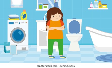 Girl in the bathroom. Vector illustration in flat style. The girl is standing near the toilet.