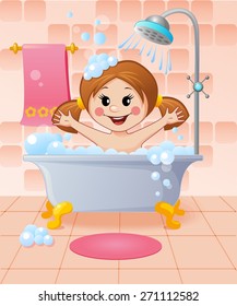 Girl in the bathroom. Vector illustration for kids