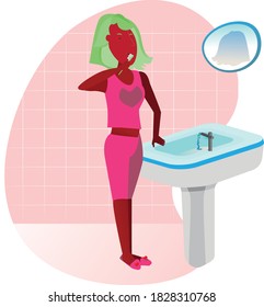 Girl in a bathroom washing teeth, toothbrush