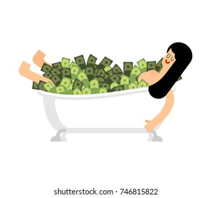 Girl in bathtub of money. Woman in Bath full cash. Vector illustration

