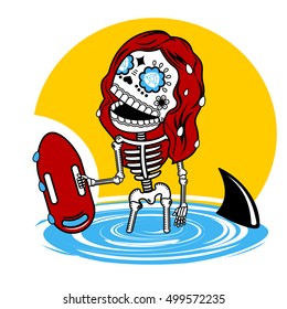 Girl baywatch.   Vector flat and linear Illustration of skeleton. Web banners, advertisements, brochures, business templates. Isolated on a white background.